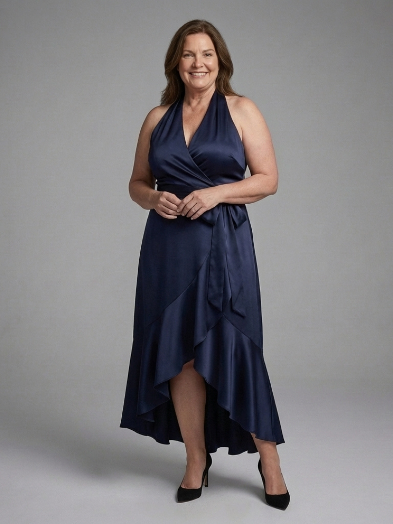 Women's wrap style dress high-low hem detail