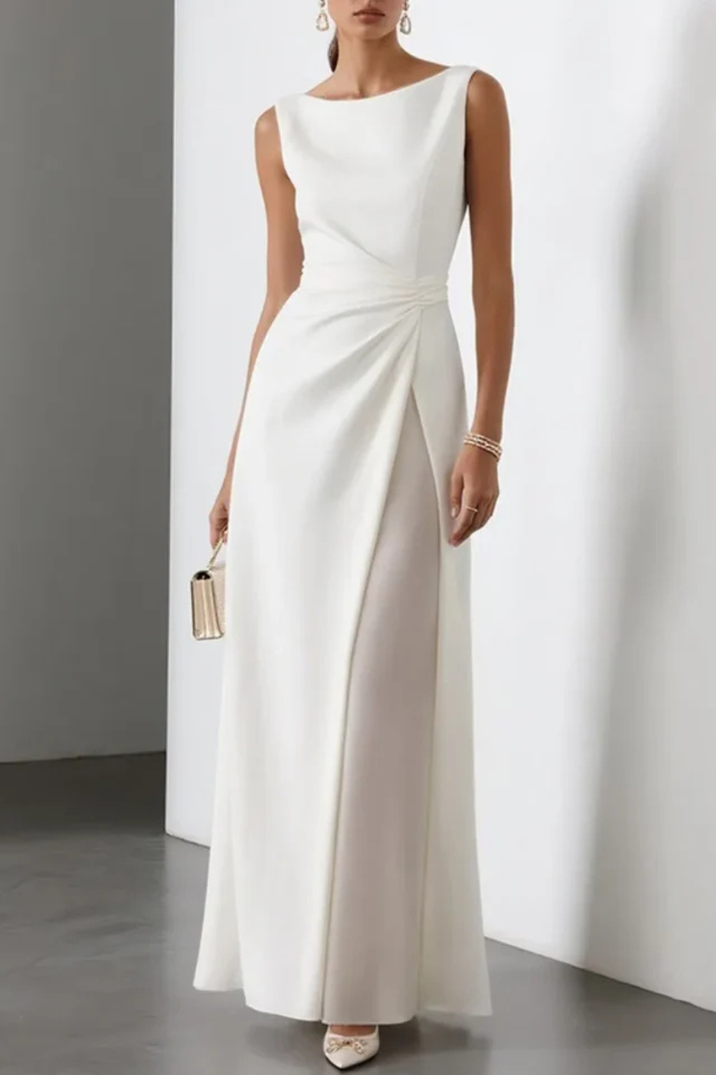 Front view of women's boat neckline draped maxi dress