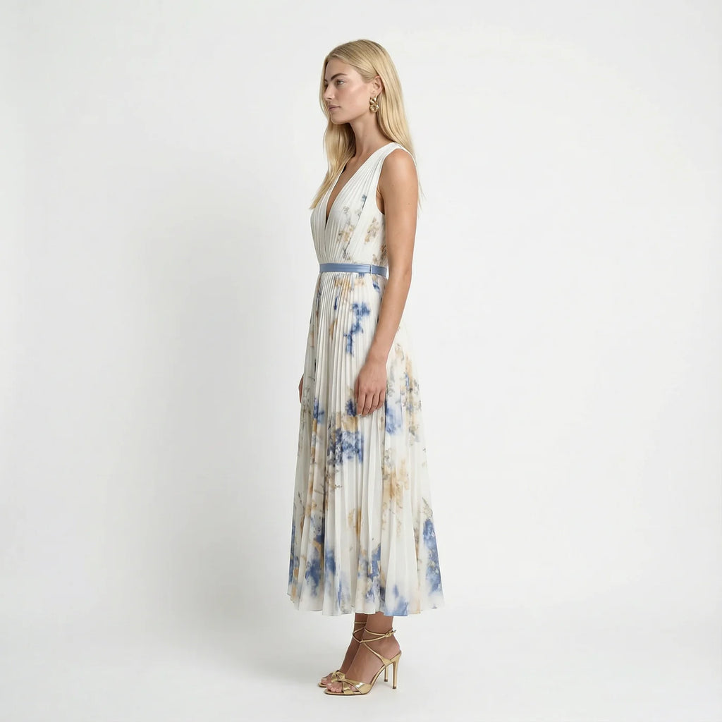 Floral pleated maxi dress – white, sleeveless side view