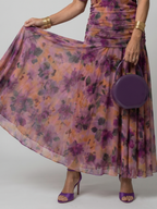Draped off-shoulder flared midi dress, three-quarter view