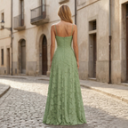 Women's spaghetti strap A-line maxi gown, side view
