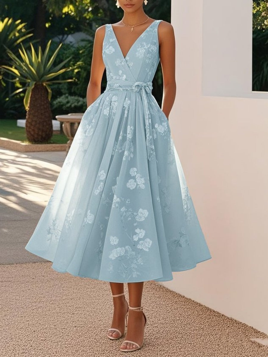 Floral print sleeveless V-neck maxi dress in sky blue, front view