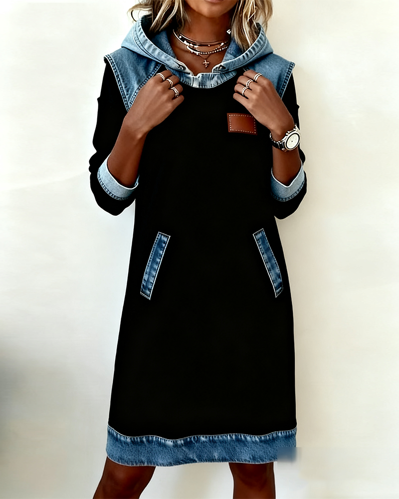 Navy Blue Hooded Colour Block Dress | Alba Muse