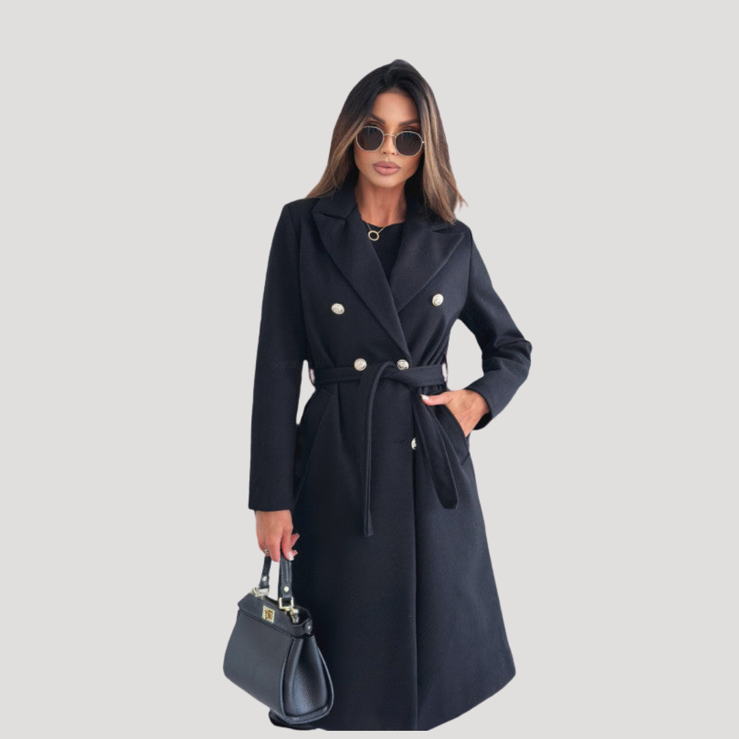 Double breasted belted longline coat with a double breasted front