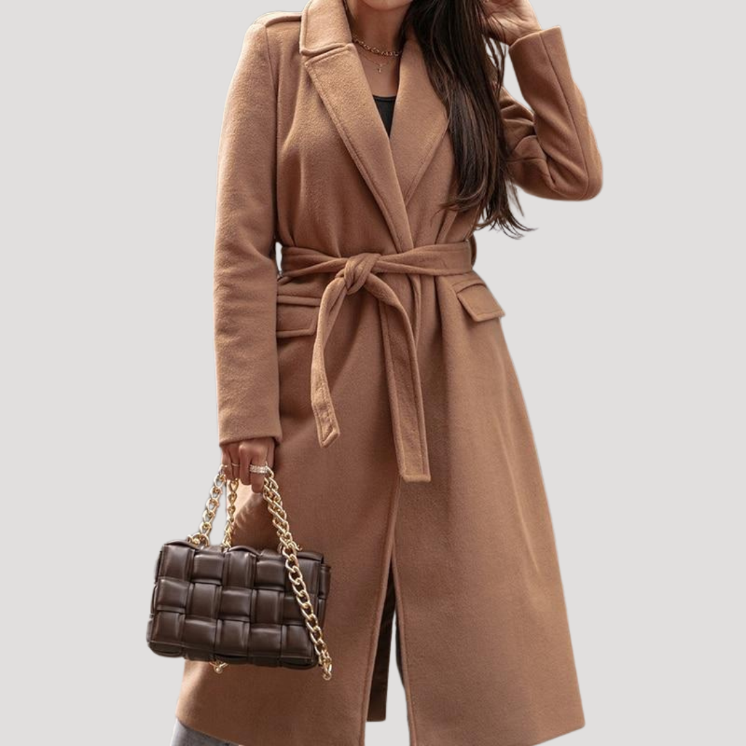 Longline tie belt coat with a longline silhouette