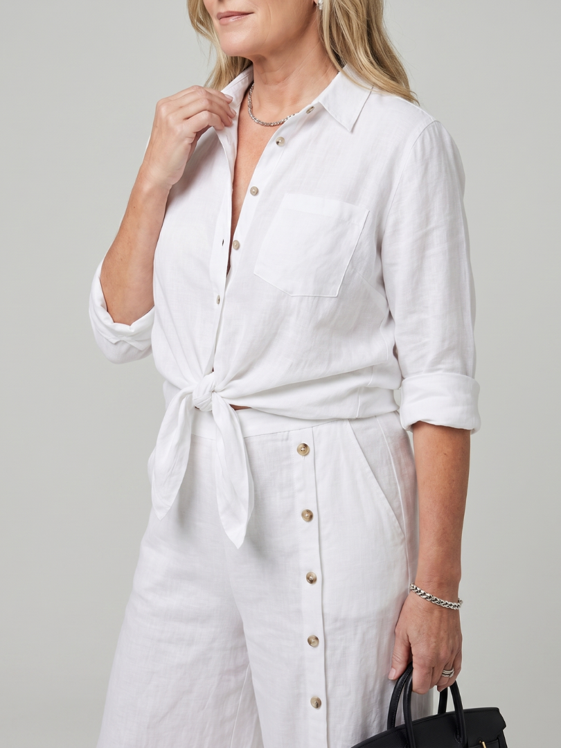 Long sleeve co-ord set with natural texture fabric, three-quarter view