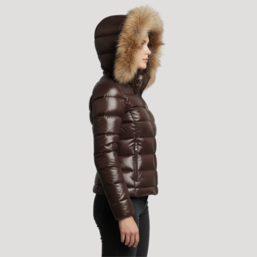 Faux fur trim glossy hooded puffer jacket with a faux fur hood trim