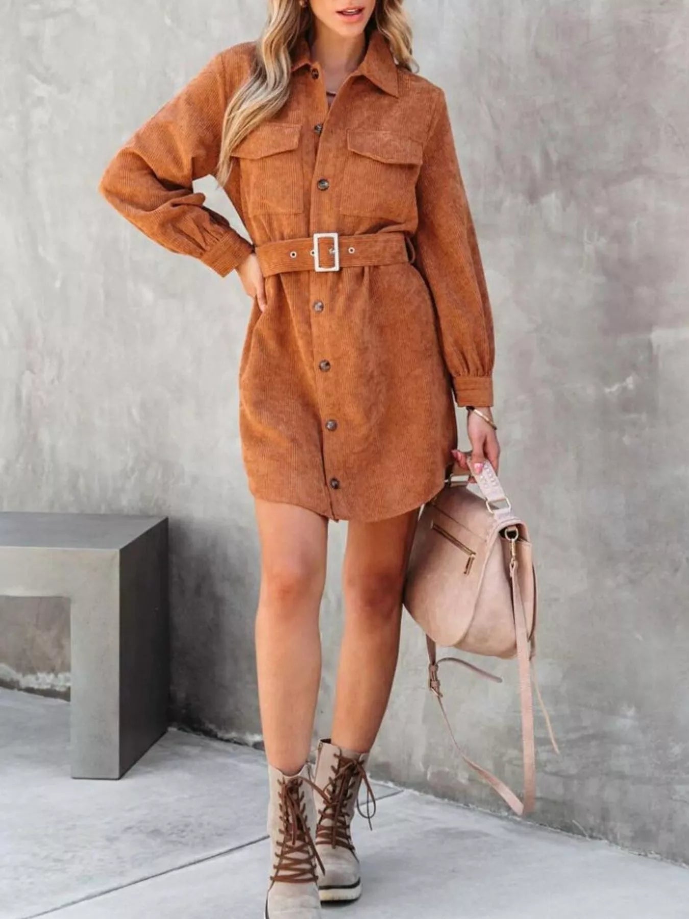 Rose Red Corduroy Shirt Shirt Dress