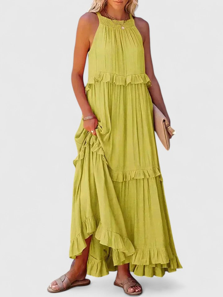 Sleeveless ruffle maxi dress in beige, front view
