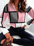 Pink plaid contrast lapel blouse, front view