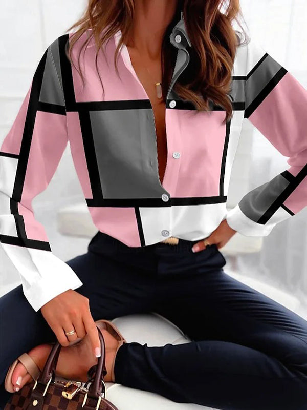 Pink plaid contrast lapel blouse, front view