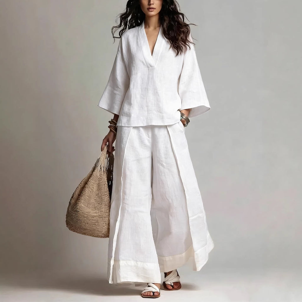 Linen colour-block co-ord set, styling view