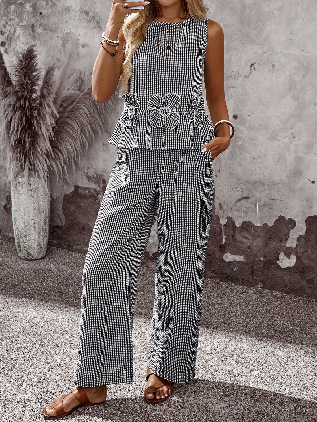 Embroidered wide-leg co-ord set on model | Alba Muse