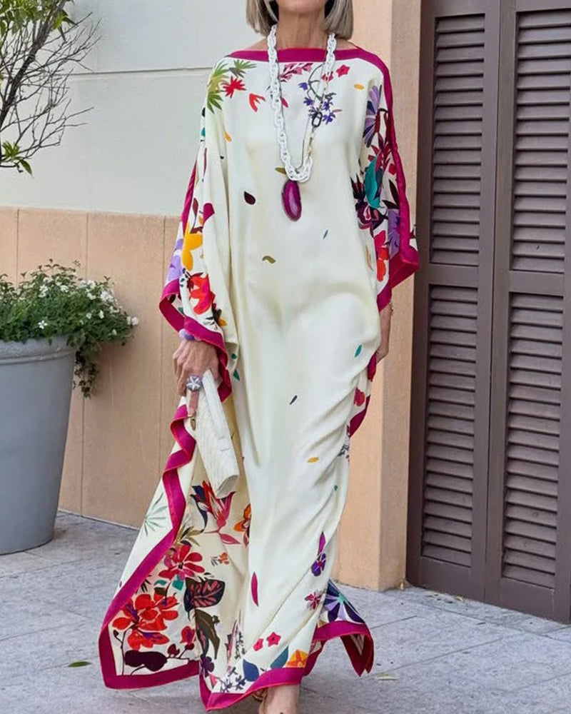 Off shoulder contrast floral print loose batwing maxi dress in fuchsia, front view