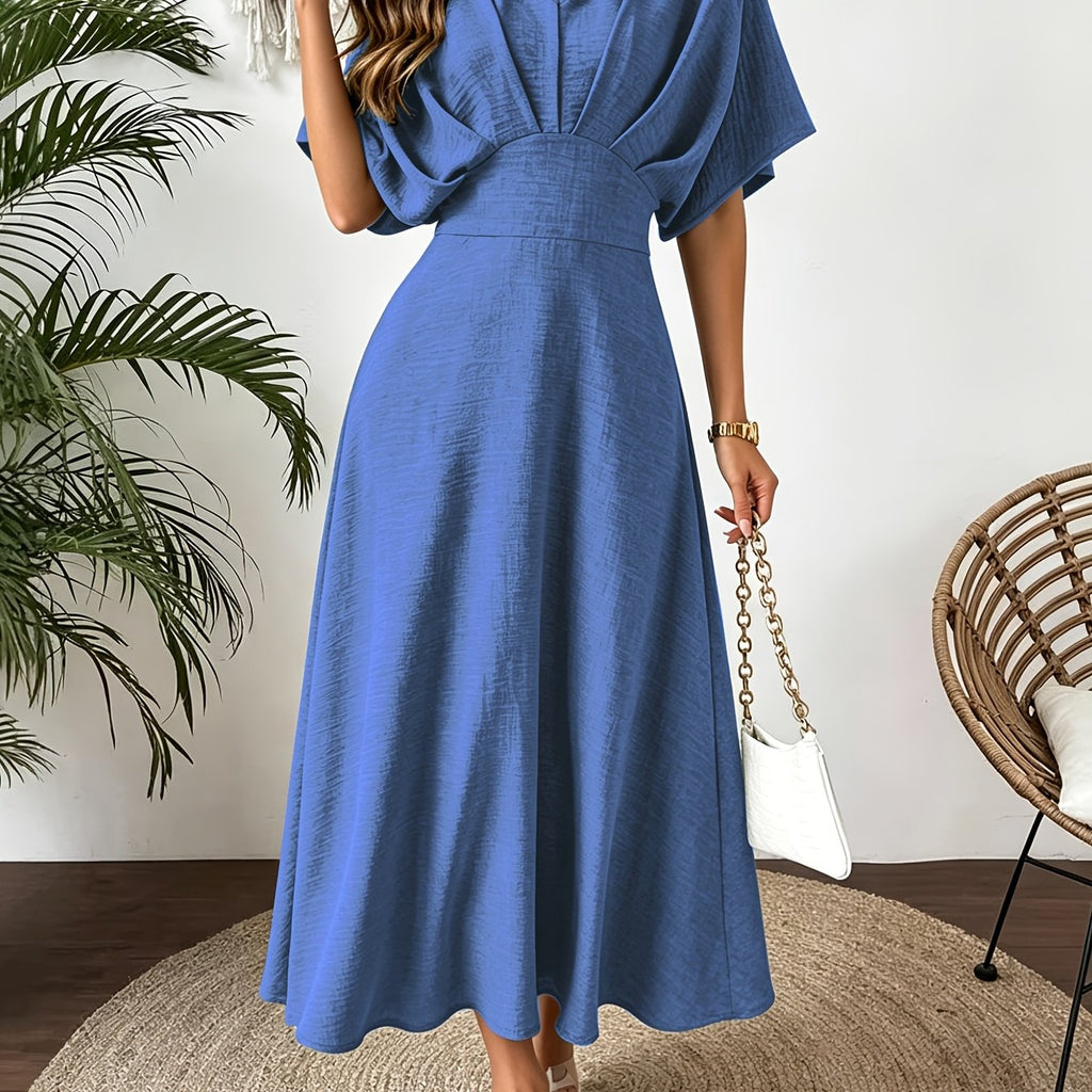 Batwing Sleeve Ruffle V-Neck Midi Dress