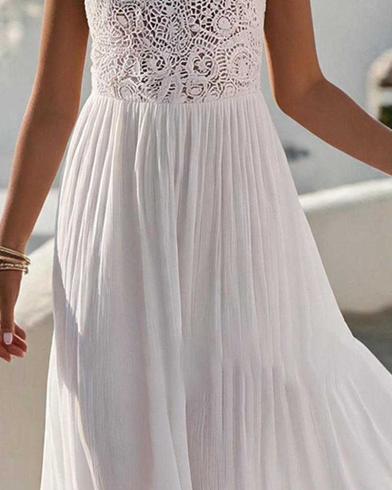 U neck lace patchwork sleeveless midi dress, side view