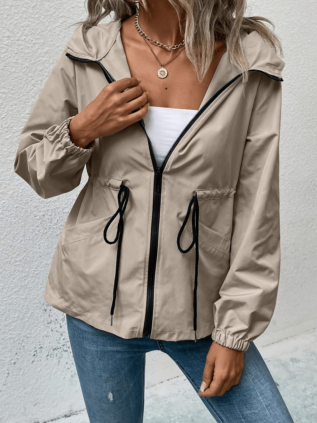 Khaki hooded drawstring-waist coat, front view