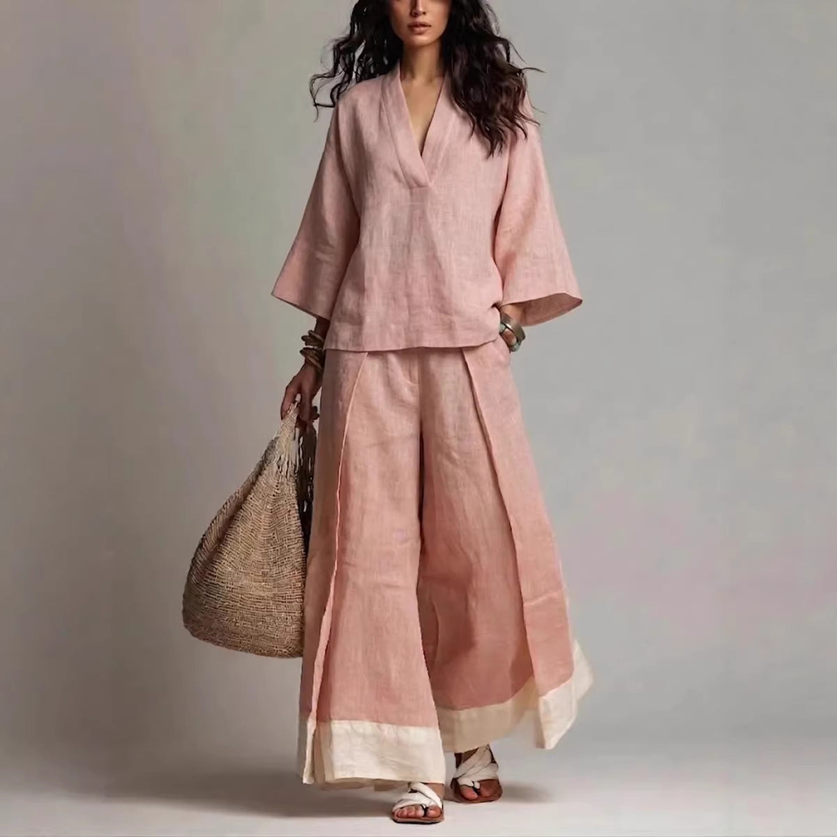 Cotton linen V-neck shirt and wide leg trouser co-ord set, front view