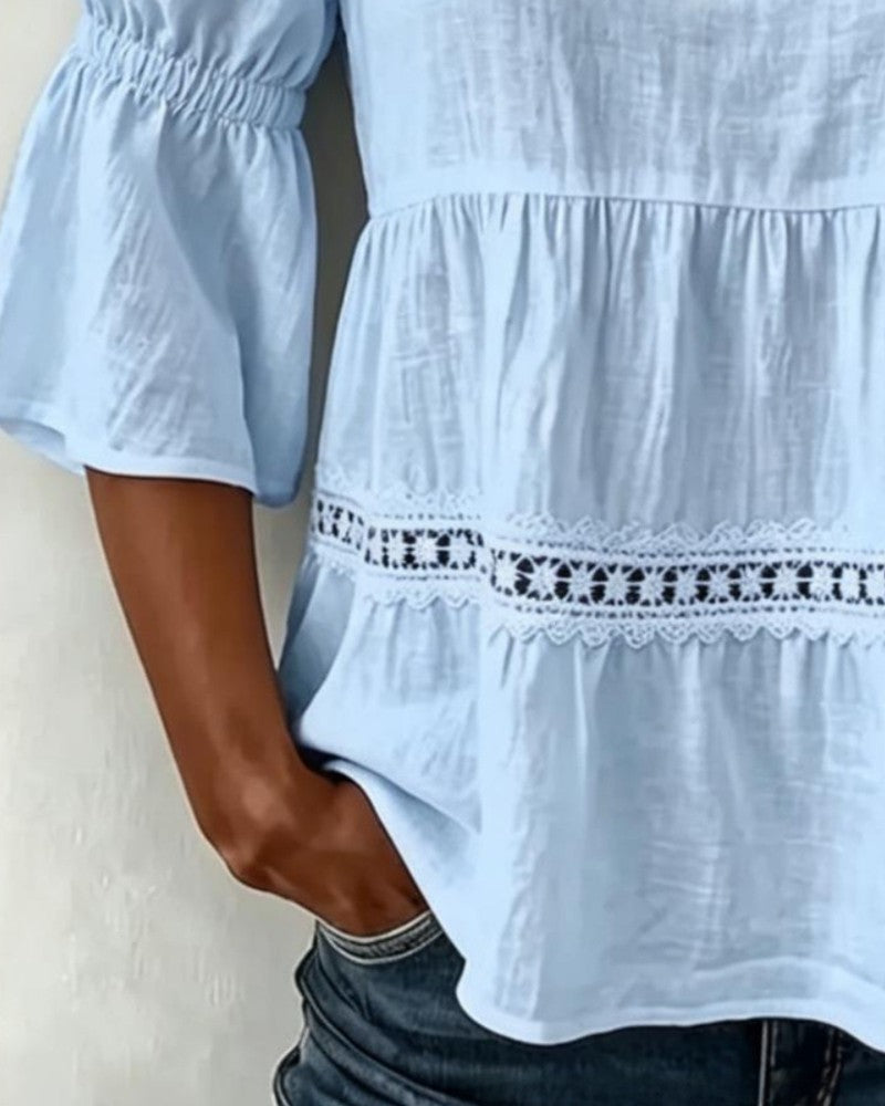 Lace patchwork cold shoulder blouse, detail view