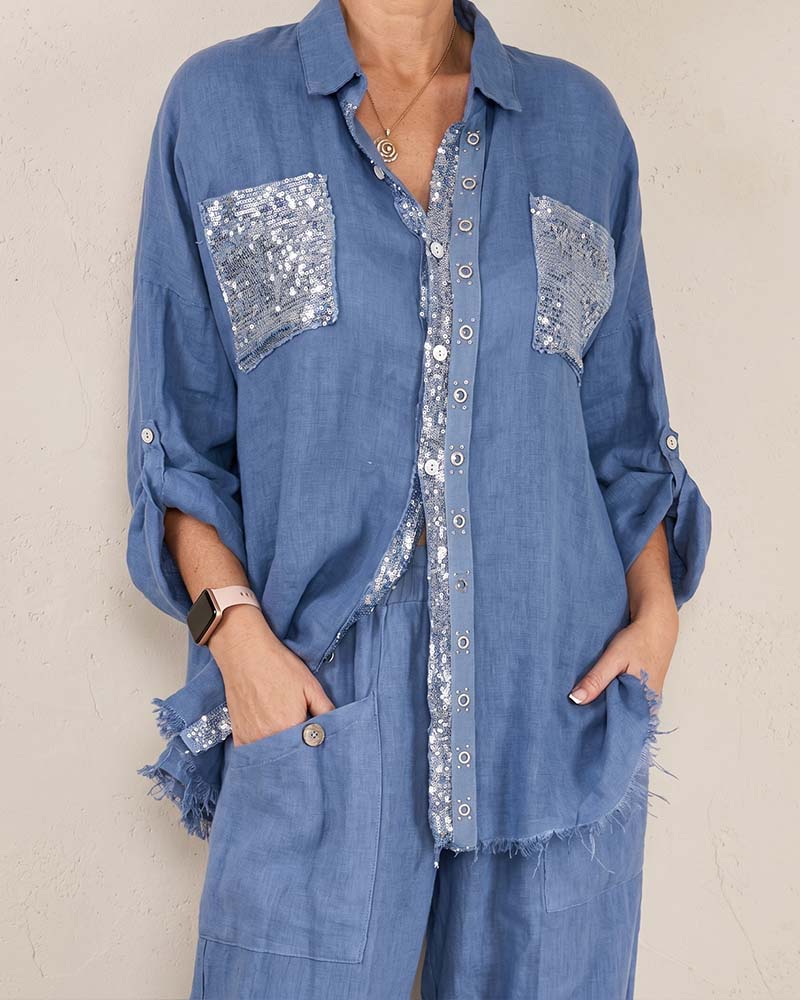 Blue V-Neck Shimmer Wide-Leg Co-ord Set
