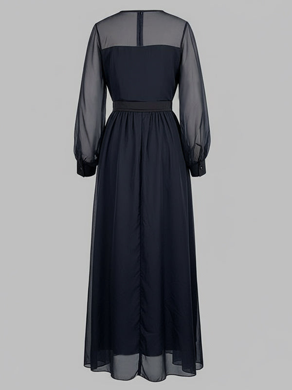 Navy blue gauze pleated maxi dress
