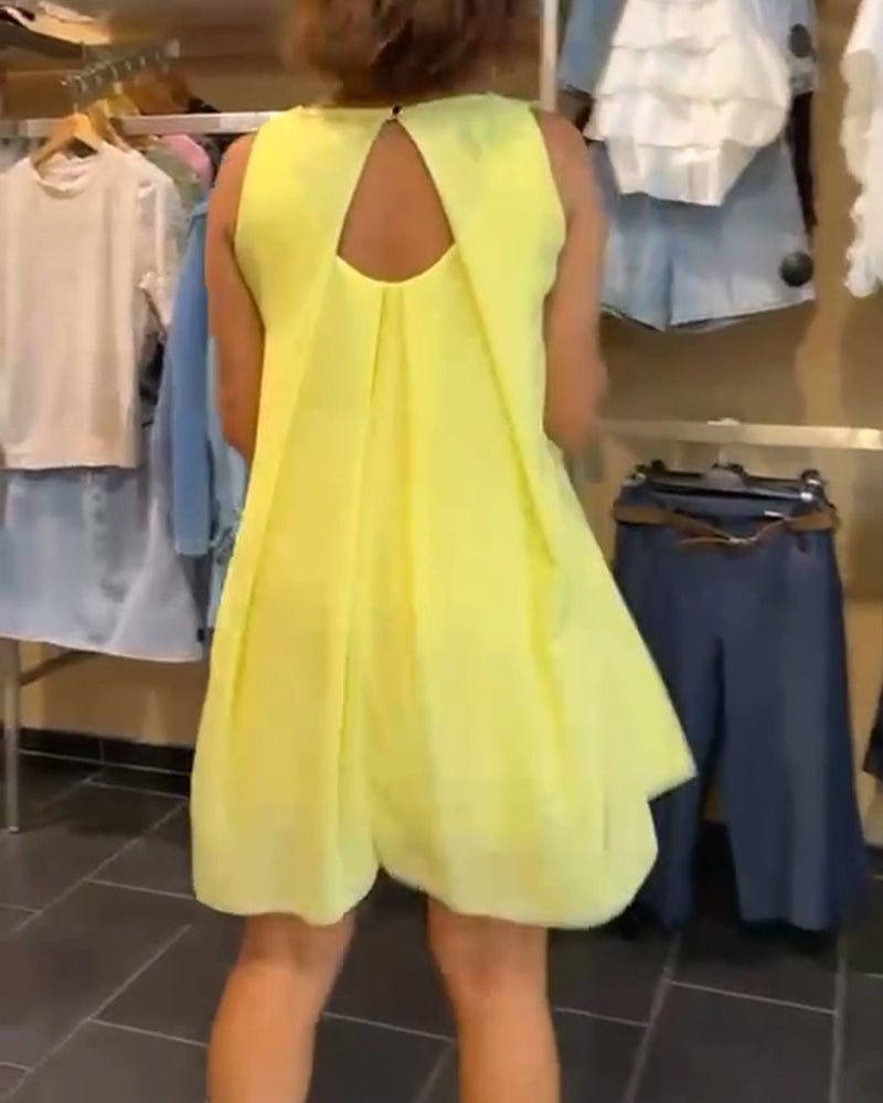 Yellow Sleeveless Crew Neck Solid Midi Dress — worn on model