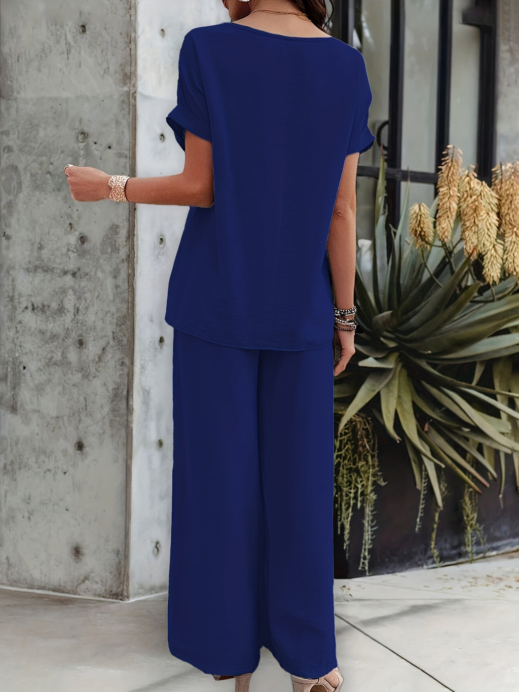 Short Sleeve Top & Wide Leg Trousers Co-ord Set in Apricot, full length view