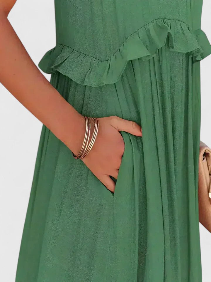 Sleeveless ruffle maxi dress in pink, front view