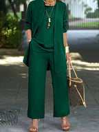 Women's Open-Front Jacket Wide-Leg 3-Piece Co-Ord Set worn view - Elegant Smart-Casual Set