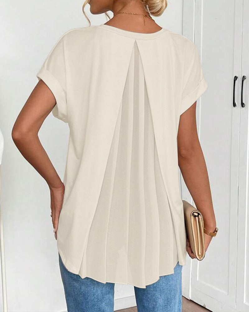 V-Neck Solid Colour Patchwork Short Sleeve T-Shirt