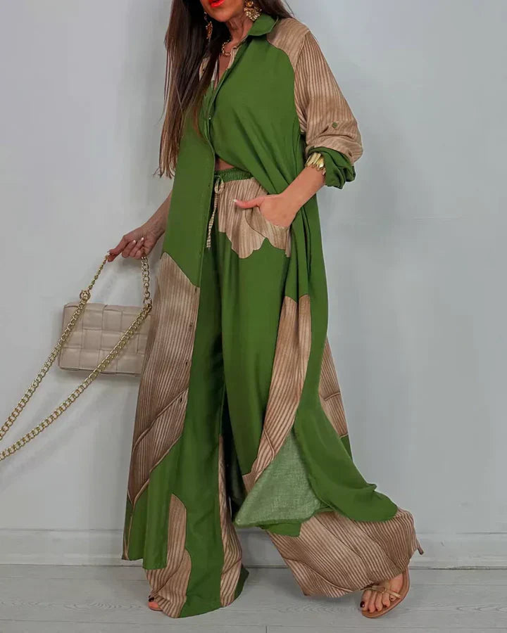Cropped top wide leg trousers set in green, front view