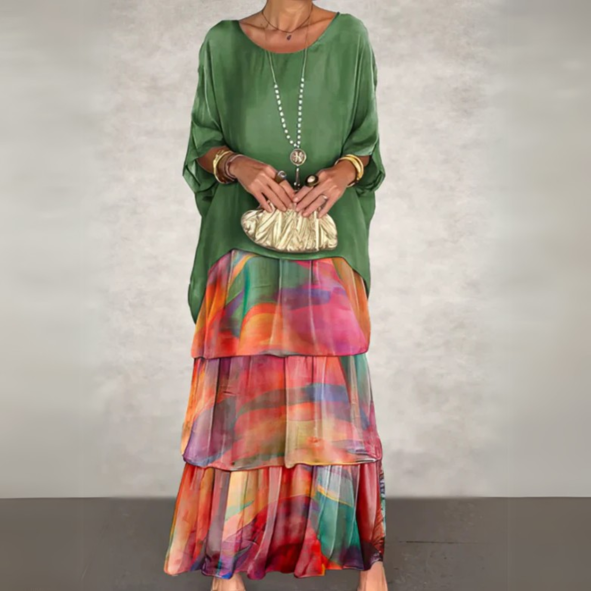 Summer flowing occasion dress in multicolour, graceful silhouette | Alba Muse