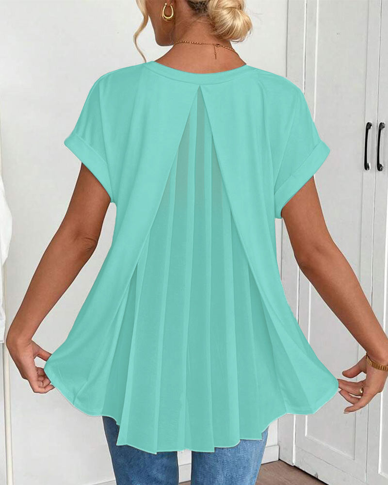 V-neck patchwork T-shirt, side view