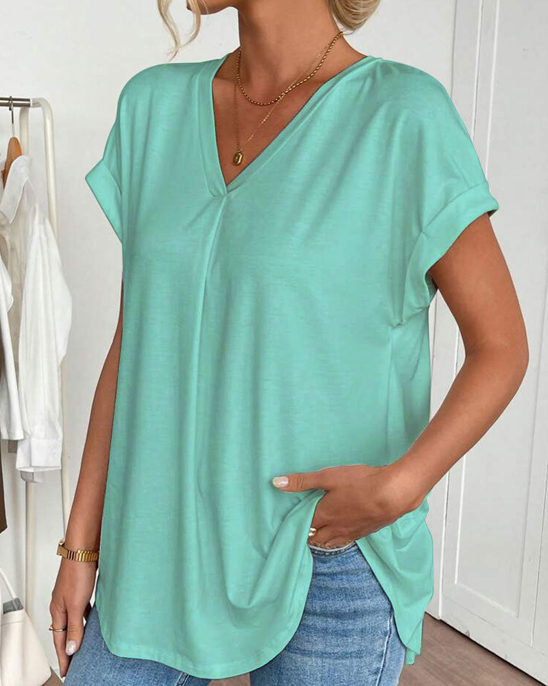 V-Neck Solid Colour Patchwork Short Sleeve T-Shirt