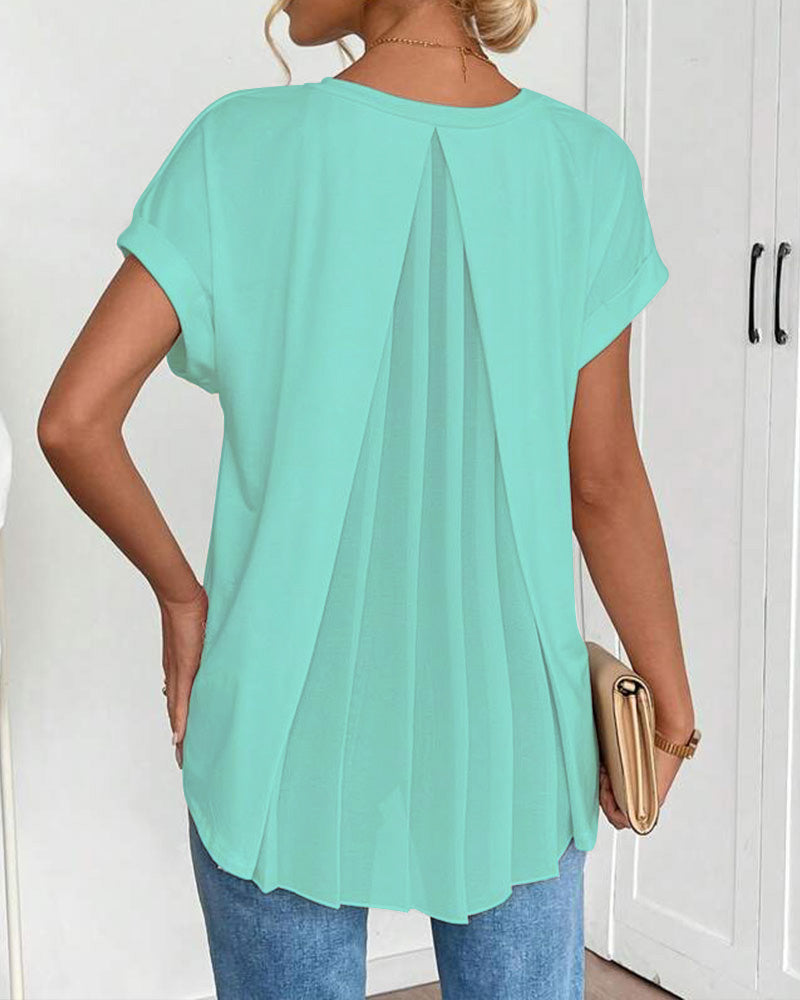 V-Neck Solid Colour Patchwork Short Sleeve T-Shirt