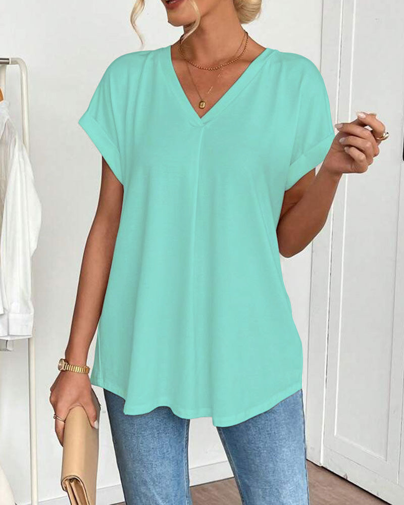 V-Neck Solid Colour Patchwork Short Sleeve T-Shirt