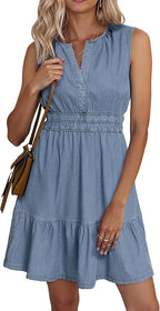 Women's V-neck sleeveless denim mini dress in vibrant print, side view