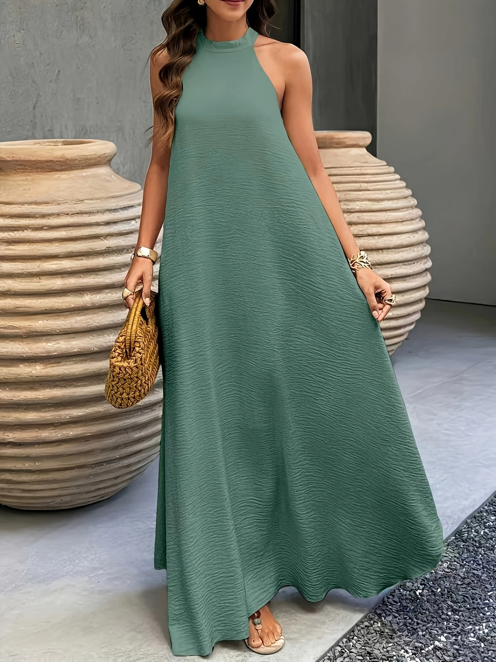 Ribbed Neckline Boho Beach Maxi Dress in Yellow, side view