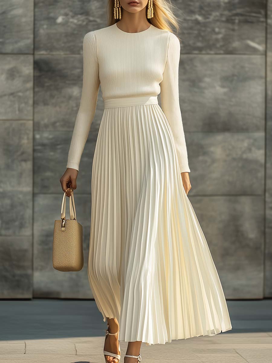 Cream knit maxi dress, front view