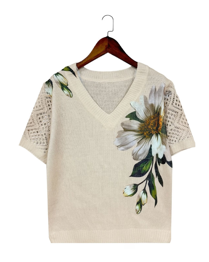Green Hollow-Out Floral Knit Jumper | Alba Muse