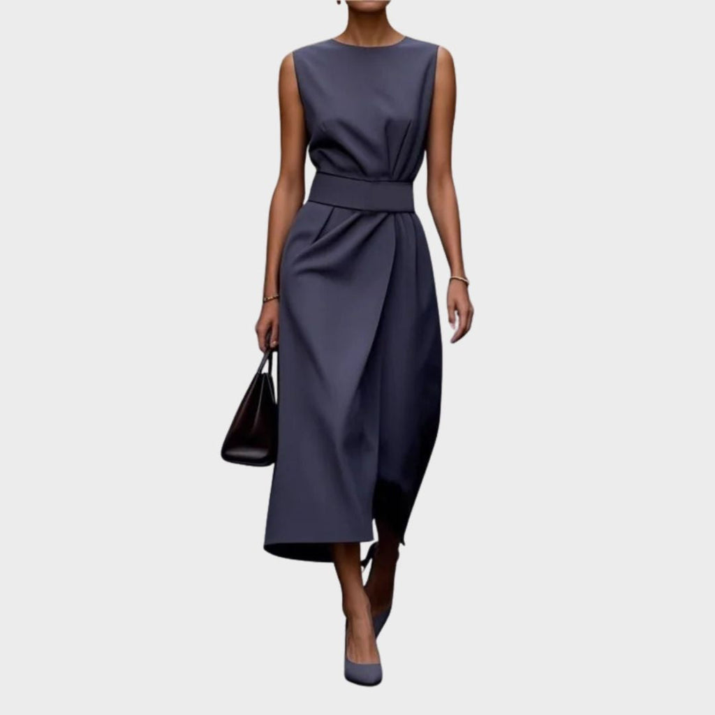 Round Neck Sleeveless Draped Midi Dress