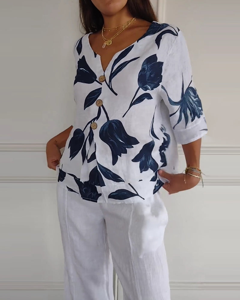 Cotton linen floral print blouse, styled view