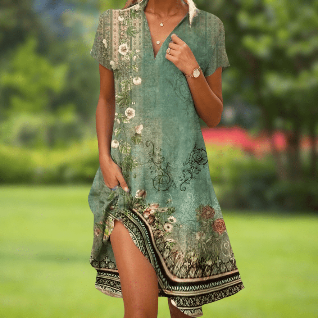 Floral print wedding guest midi dress with pockets, back view