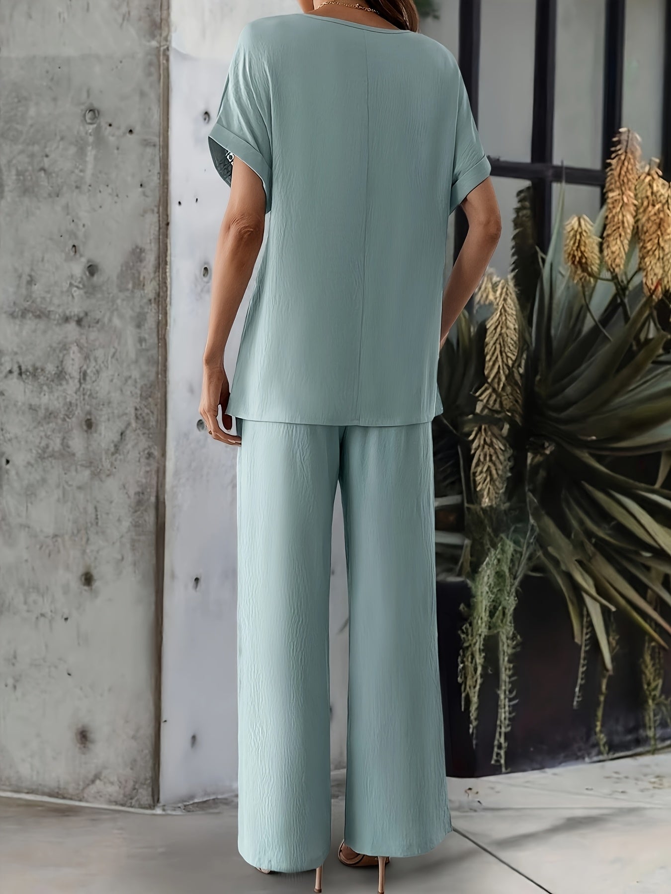 Short Sleeve Top & Wide Leg Trousers Co-ord Set in Military Blue, model view