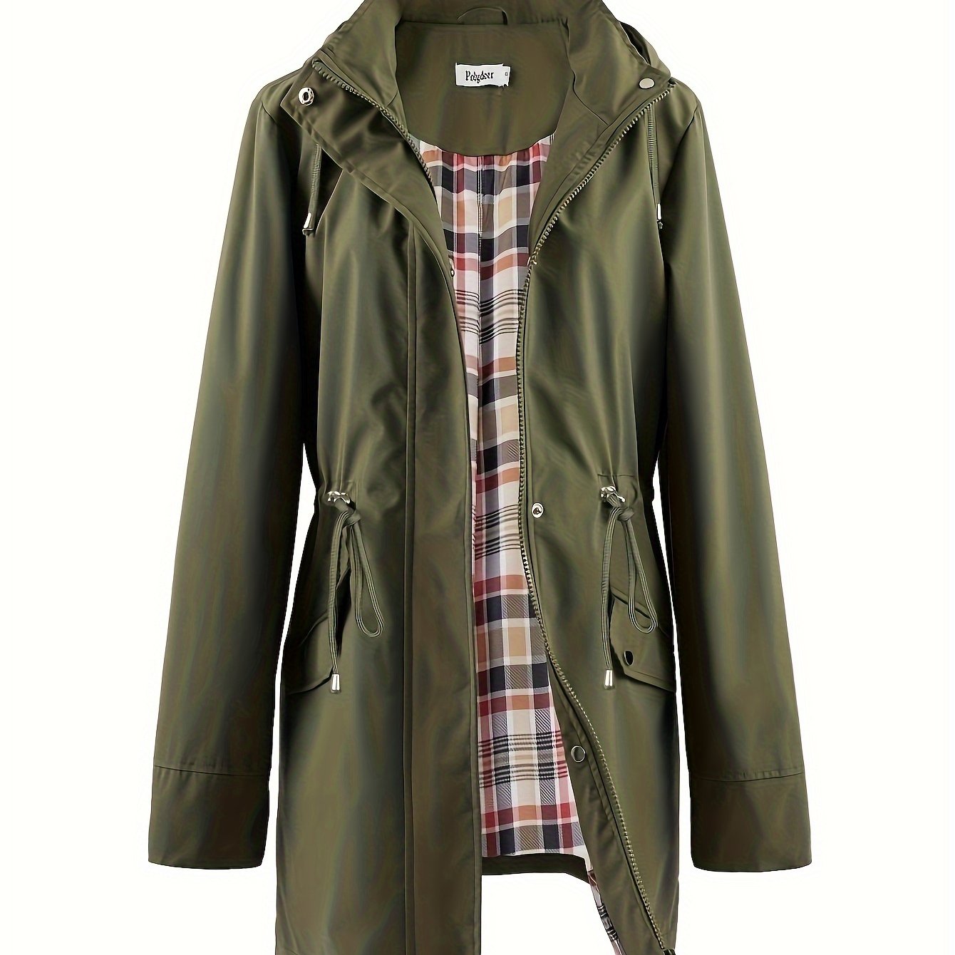 Hooded drawstring waist zip up coat with fully lined in Olive Green