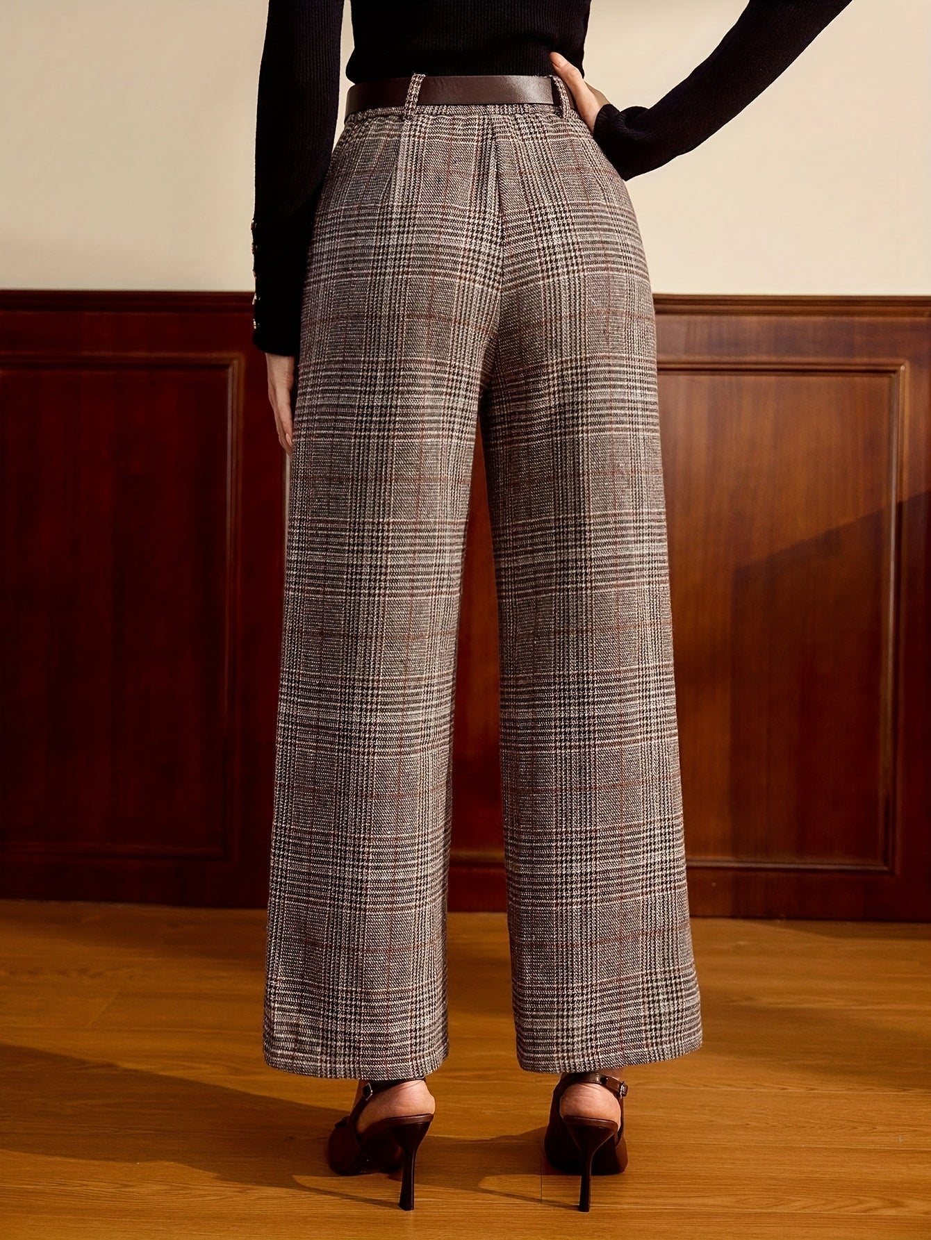 Coffee Brown tailored checked wide-leg Trousers