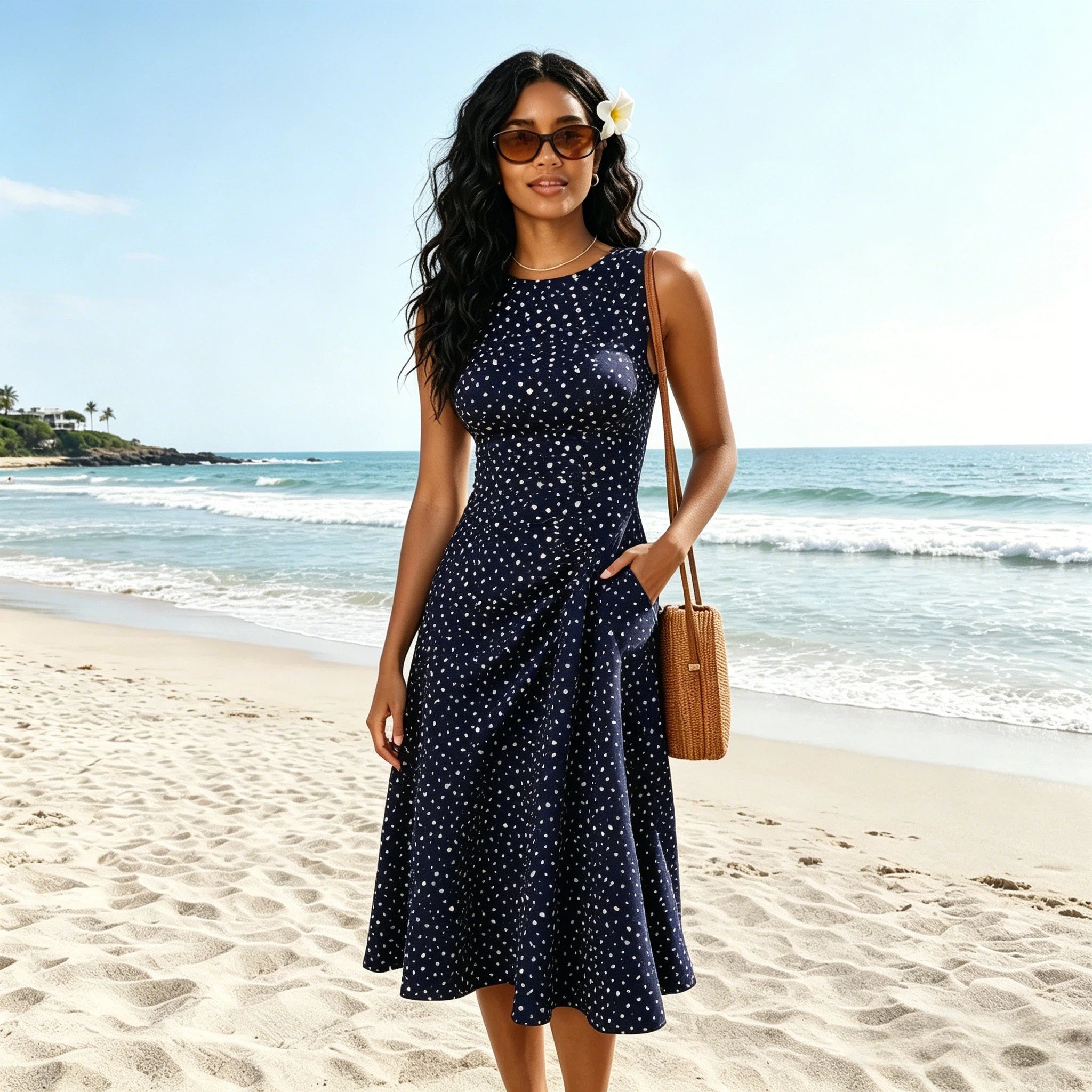 Women's navy polka dot sleeveless fit-and-flare midi dress, front view
