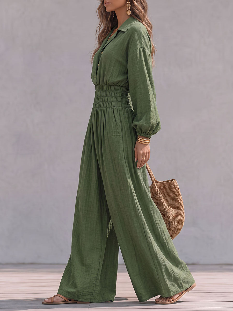 Buttoned Lapel Jumpsuit with Long Sleeves and Wide Leg
