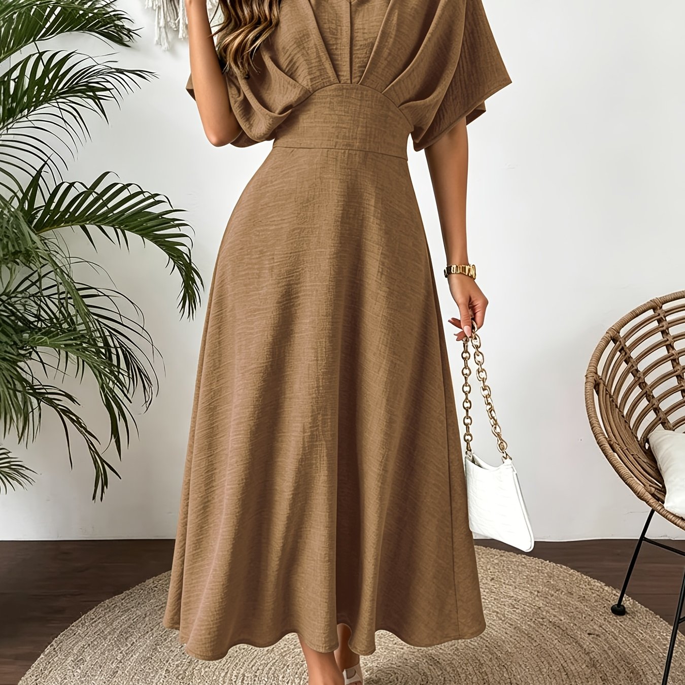 Batwing Sleeve Ruffle V-Neck Midi Dress