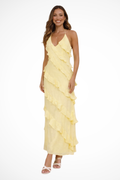 Women's halter neck tiered ruffle maxi dress wedding guest